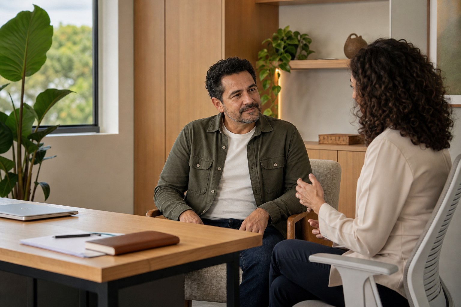 Homem em uma conversa acolhedora com profissional de saúde