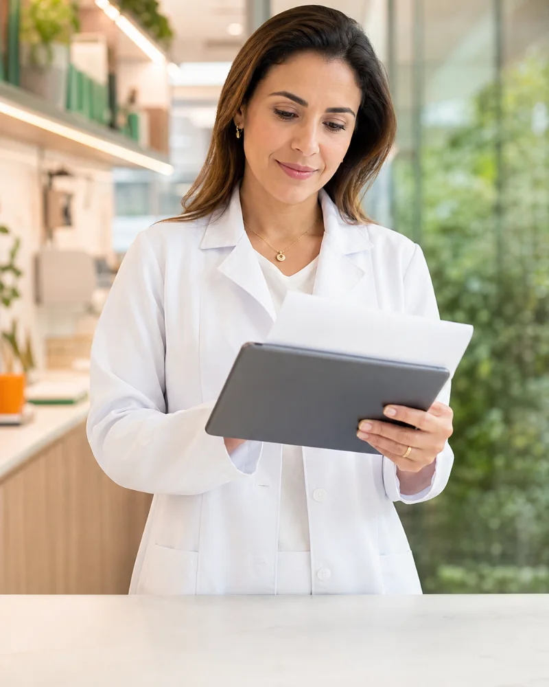 Farmacêutica em ambiente de manipulação moderno